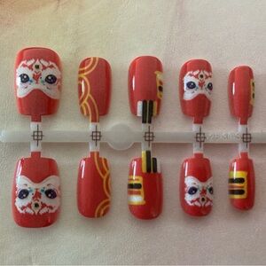 [XS] 💅 10Pcs Wearable Press on Nails Short Sq Chinese Lunar New Year Lion Dance